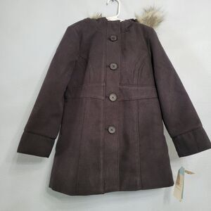NWT Cat & Jack Girls Winter Pea Coat Gray Removable Faux Fur Hood Lined XS